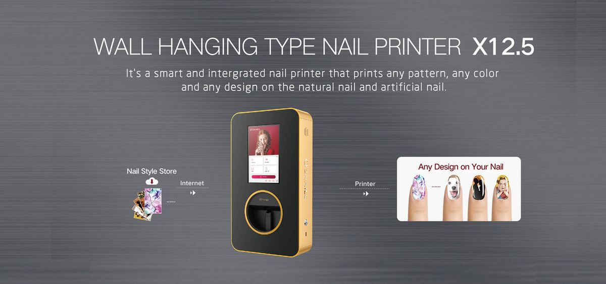 O’2Nails X12.5 salon nail printer with design-library and printed-nail examples
