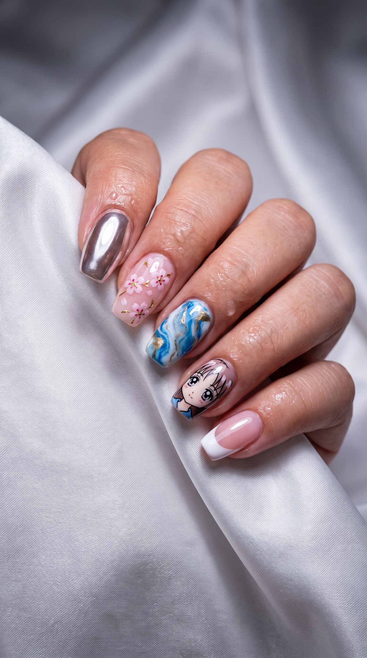 Close-up of printed chrome, floral and blue nail art on a hand resting on white silk