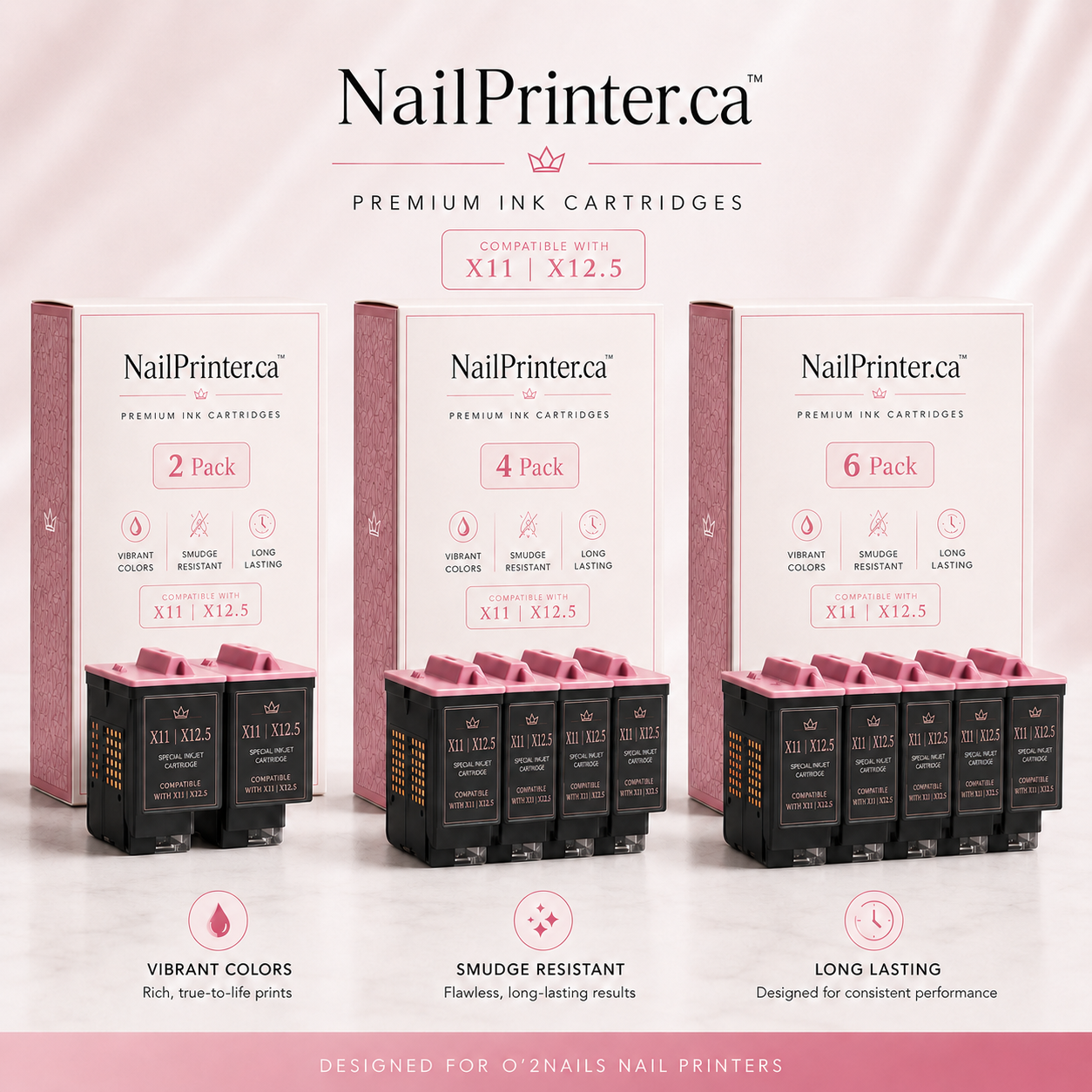 O'2Nails Ink Auto-Refill — 5 sealed cartridges, compatible with V11 and X12.5