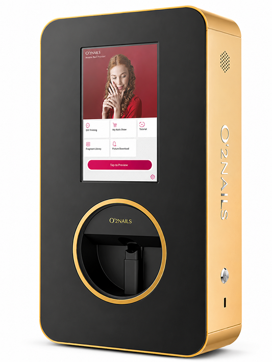 O'2Nails X12.5 — black and gold flagship wall-mount nail printer with red touchscreen