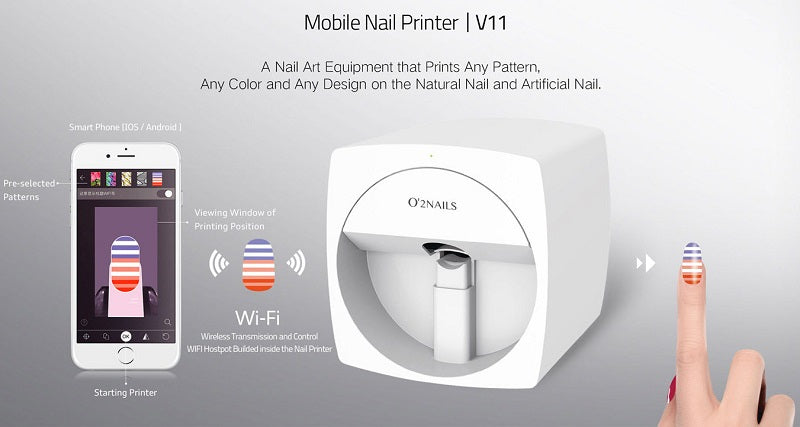 V11 mobile nail printer — phone + WiFi connectivity, prints any pattern, color, or design